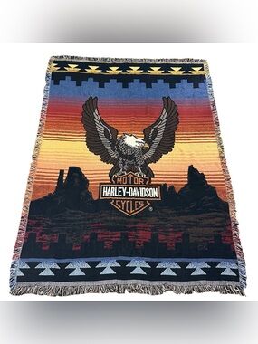 Harley-Davidson Eagle Woven Throw Blanket Southwestern Fringe Tapestry 71x51 USA